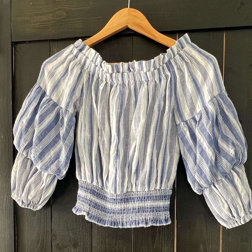 SUBOO blue and white striped off the shoulder top - Picture 3 of 6